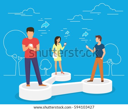 Sharing data concept vector illustration of young people using mobile smartphone to share posts and news in social networks. Flat people standing on symbol and reposting images and news to each other Sharing data concept vector illustration of young people using mobile smartphone to share posts and news in social networks. Flat people standing on symbol and reposting images and news to each other