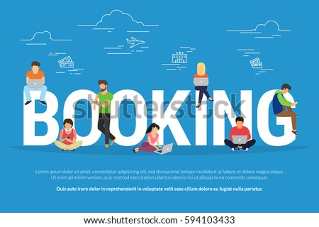 Online booking vector illustration of young men and women using devices such as laptop, smartphone, tablets to order hotel and tickets for traveling. Flat people with gadgets sitting on big letters Online booking vector illustration of young men and women using devices such as laptop, smartphone, tablets to order hotel and tickets for traveling. Flat people with gadgets sitting on big letters