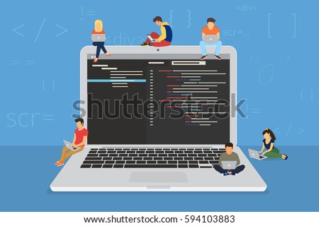 Young programmers coding a new project sitting on big laptop with command line. Flat vector illustration of young programmer coding a new project using programmimg skills and working as system admin Young programmers coding a new project sitting on big laptop with command line. Flat vector illustration of young programmer coding a new project using programmimg skills and working as system admin