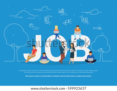 Job concept vector illustration of business people using devices for working, job searching and professional growth. Flat concept of young men and women using laptop for team work and self-development Job concept vector illustration of business people using devices for working, job searching and professional growth. Flat concept of young men and women using laptop for team work and self-development