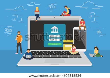 Mobile banking concept illustration of people using laptop and mobile smart phone for online banking and accounting. Flat men and women near big gadgets with credit cards and bank symbols Mobile banking concept illustration of people using laptop and mobile smart phone for online banking and accounting. Flat men and women near big gadgets with credit cards and bank symbols