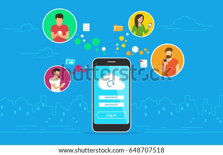 Cloud synchronization concept design. Flat vector illustration of men and women in circle icons using smartphone mobile app for synchronizing data with cloud server via app. Sync technologies banner Cloud synchronization concept design. Flat vector illustration of men and women in circle icons using smartphone mobile app for synchronizing data with cloud server via app. Sync technologies banner