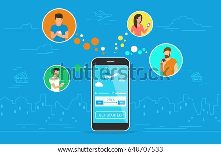 Booking aircraft passage online concept design. Flat vector illustration of young men and women in circle icons using smartphone mobile app for ordering flight ticket via application online Booking aircraft passage online concept design. Flat vector illustration of young men and women in circle icons using smartphone mobile app for ordering flight ticket via application online