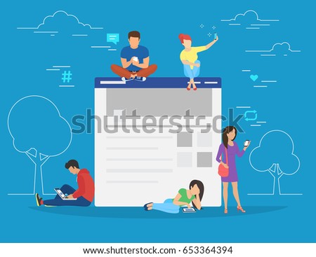 Social network web site surfing concept illustration of young people using mobile gadgets such as smartphone, tablet and laptop to be a part of online community. Flat guys and women sitting Social network web site surfing concept illustration of young people using mobile gadgets such as smartphone, tablet and laptop to be a part of online community. Flat guys and women sitting