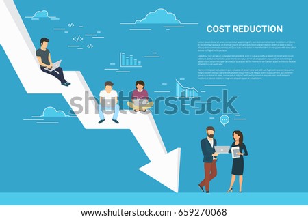 Business cost reduction concept illustration of business team sitting on the big arrow. Flat people working with laptops to develop project and reduce risks and price. Blue background with copy space Business cost reduction concept illustration of business team sitting on the big arrow. Flat people working with laptops to develop project and reduce risks and price. Blue background with copy space