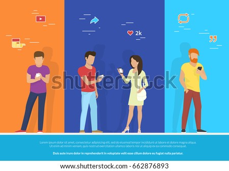 Group of people using smartphone concept vector illustration. Flat design of guys and woman standing together and reposting trends in social networks, reading news and publishing images for likes. Group of people using smartphone concept vector illustration. Flat design of guys and woman standing together and reposting trends in social networks, reading news and publishing images for likes.