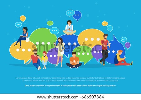 Speech bubbles for comment and reply concept flat vector illustration of young people using mobile smartphone and tablets for texting and communicating on networks. Guys and women sitting on bubbles Speech bubbles for comment and reply concept flat vector illustration of young people using mobile smartphone and tablets for texting and communicating on networks. Guys and women sitting on bubbles
