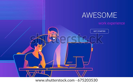 Creative office man showing new website to woman at work desk. Gradient line vector illustration of people with pc. Project presentation to colleague, business brainstorming, teamwork and team skills Creative office man showing new website to woman at work desk. Gradient line vector illustration of people with pc. Project presentation to colleague, business brainstorming, teamwork and team skills