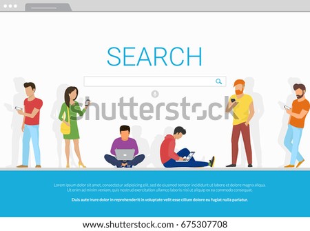 Online search bar concept vector illustration of young people using mobile smarthone and laptop for searching info in web browser. Flat design of guys and women standing into browser webpage frame Online search bar concept vector illustration of young people using mobile smarthone and laptop for searching info in web browser. Flat design of guys and women standing into browser webpage frame