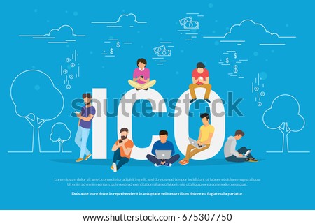 ICO concept vector illustration of young people using laptop and smartphone for online funding new startup or making investments for project. Flat design of initial coin offering of cryptocurrency ICO concept vector illustration of young people using laptop and smartphone for online funding new startup or making investments for project. Flat design of initial coin offering of cryptocurrency
