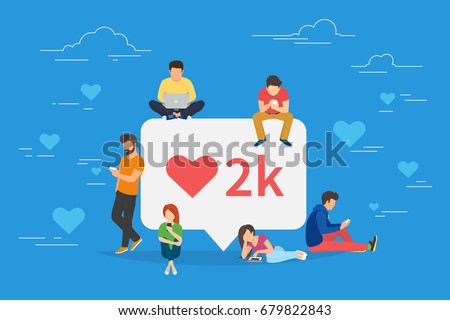 Social media bubble with red heart symbol flat vector illustration of young people using mobile gadgets such as laptop, tablet pc and smartphone for networking and collecting likes and comments. Social media bubble with red heart symbol flat vector illustration of young people using mobile gadgets such as laptop, tablet pc and smartphone for networking and collecting likes and comments.