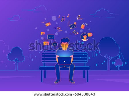 Young man sitting in the street and working with laptop on violet background. Gradient line vector illustration of social networking, searching news, sending email and texting to friends Young man sitting in the street and working with laptop on violet background. Gradient line vector illustration of social networking, searching news, sending email and texting to friends