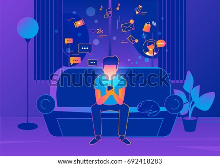 Man sitting at home on the couch and texting messages using smartphone. Gradient line vector illustration of social networking, reading news, sending email and texting friends. Internet addicted teens Man sitting at home on the couch and texting messages using smartphone. Gradient line vector illustration of social networking, reading news, sending email and texting friends. Internet addicted teens