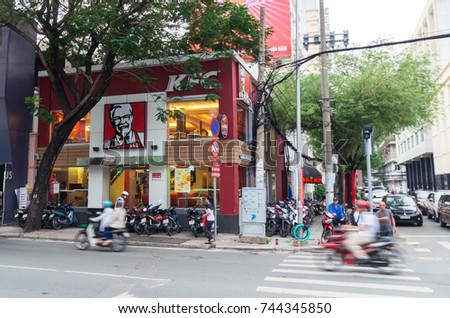 Ho Chi Minh City, Vietnam - August 19, 2017: KFC fast food restaurant in District 1. KFC is an American chicken restaurant chain.