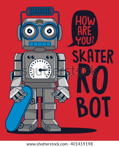 vector retro robot on skateboard, skater - stock vector vector retro robot on skateboard, skater - stock vector