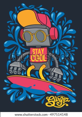 vector retro robot on surfboard, surfer vector retro robot on surfboard, surfer