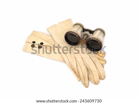 Antique Mother of Pearl Opera Glasses with Leather Gloves on white