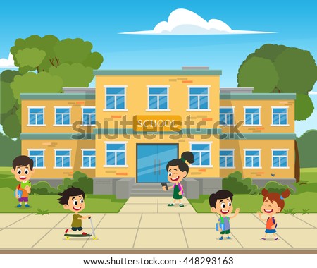school building and children in the front yard of the school. vector illustration. children playing in the school yard. - stock vector school building and children in the front yard of the school. vector illustration. children playing in the school yard. - stock vector