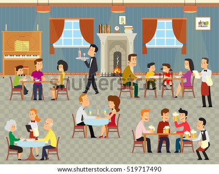 people relax in the cafeteria. family with children eating at the restaurant. modern interior of a small cafe. vector illustration people relax in the cafeteria. family with children eating at the restaurant. modern interior of a small cafe. vector illustration