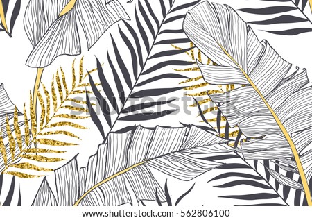 Seamless pattern with banana and golden palm leaves in vector Seamless pattern with banana and golden palm leaves in vector