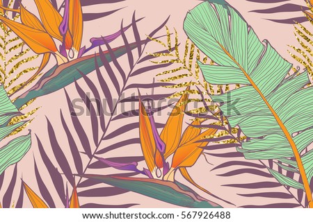 Seamless background with banana leaves and tropical flowers Seamless background with banana leaves and tropical flowers