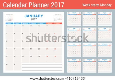 Calendar Planner for 2017 Year. Vector Design Template. Set of 12 Months. Week Starts Monday. Stationery Design - stock vector Calendar Planner for 2017 Year. Vector Design Template. Set of 12 Months. Week Starts Monday. Stationery Design - stock vector