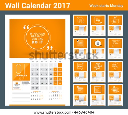 Wall calendar planner print template for 2017 year. Calendar poster with motivational quote. 3 Months on page. Week starts Monday - stock vector Wall calendar planner print template for 2017 year. Calendar poster with motivational quote. 3 Months on page. Week starts Monday - stock vector