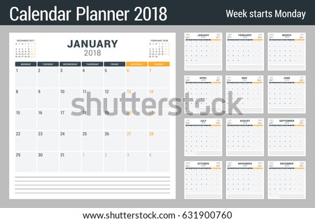 Calendar planner for 2018 year. Vector design print template. Week starts on Monday. Stationery design. Black and orange colors Calendar planner for 2018 year. Vector design print template. Week starts on Monday. Stationery design. Black and orange colors