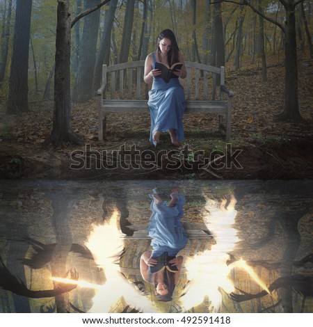 bible fighting angels demons carden reflection amanda alone reads while woman her shutterstock portfolio water