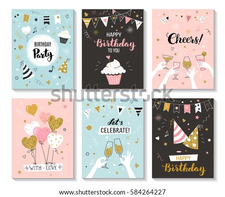 Happy birthday greeting card and party invitation templates, vector illustration, hand drawn style Happy birthday greeting card and party invitation templates, vector illustration, hand drawn style