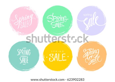 Spring Sale hand drawn lettering. Set of special offer signs with handwritten text design and circle brush stroke backgrounds for business, promotion and advertising. Vector illustration. Spring Sale hand drawn lettering. Set of special offer signs with handwritten text design and circle brush stroke backgrounds for business, promotion and advertising. Vector illustration.