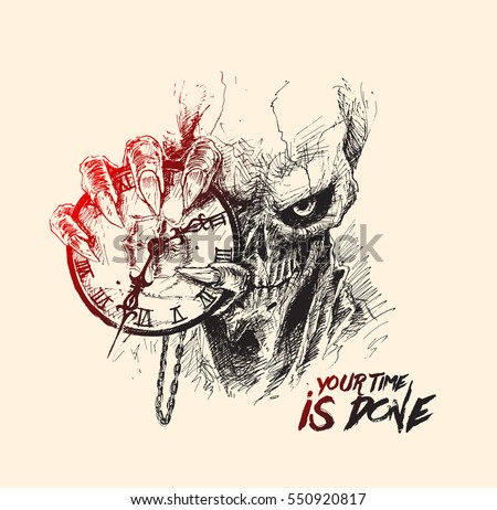 Scratch Devil Skull with clock - Vampire, Hand Drawn Skech Vector illustration. Scratch Devil Skull with clock - Vampire, Hand Drawn Skech Vector illustration.