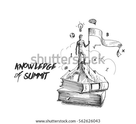 Climber with flag standing on book showing her knowledge. Hand Drawn Vector Background. Climber with flag standing on book showing her knowledge. Hand Drawn Vector Background.
