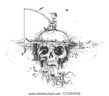 Survival fisherman sitting on Underwater skull, hunting for fish - Pirate Design poster. vector Illustration Survival fisherman sitting on Underwater skull, hunting for fish - Pirate Design poster. vector Illustration