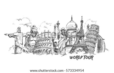Travel the world monument concept, Hand Drawn Sketch Vector illustration. Travel the world monument concept, Hand Drawn Sketch Vector illustration.