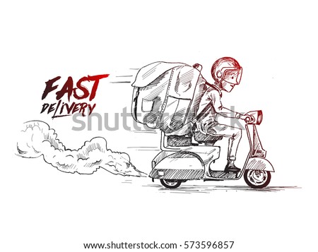 Delivery boy ride scooter delivery service , Order, Fast Shipping, Hand Drawn Sketch Vector Background. Delivery boy ride scooter delivery service , Order, Fast Shipping, Hand Drawn Sketch Vector Background.