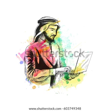 Arab businessman in business concept Working On A notebook, Hand Drawn Sketch, Vector Background. Arab businessman in business concept Working On A notebook, Hand Drawn Sketch, Vector Background.