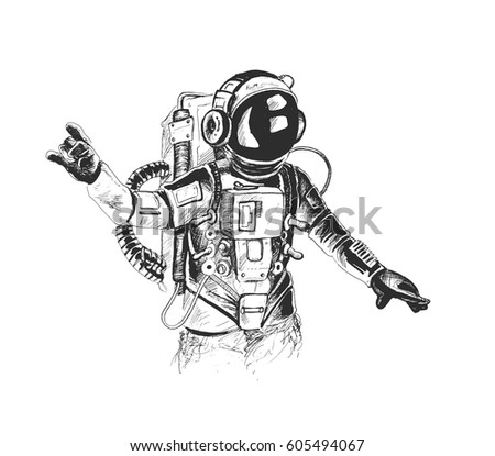 Astronaut in spacesuit raises hand, Hand Drawn Sketch Vector illustration. Astronaut in spacesuit raises hand, Hand Drawn Sketch Vector illustration.