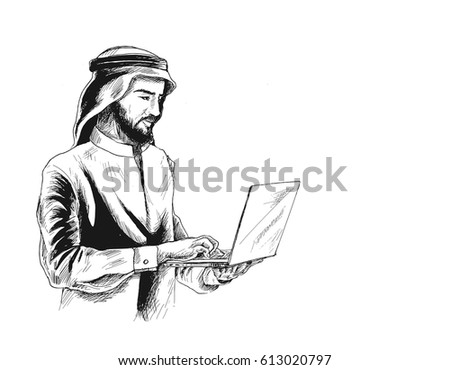 Arab businessman in business concept Working On A notebook, Hand Drawn Sketch, Vector Background. Arab businessman in business concept Working On A notebook, Hand Drawn Sketch, Vector Background.