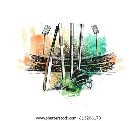 Cricket stadium with ball bell freehand sketch graphic design, vector illustration Cricket stadium with ball bell freehand sketch graphic design, vector illustration
