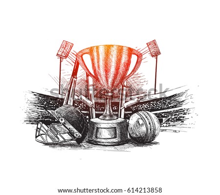 Cricket championship with ball wicket in Cricket stadium freehand sketch graphic design, vector illustration Cricket championship with ball wicket in Cricket stadium freehand sketch graphic design, vector illustration