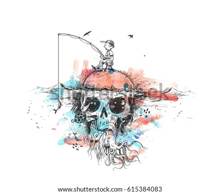 Survival fisherman sitting on Underwater skull, hunting for fish - Pirate Design poster. vector Illustration Survival fisherman sitting on Underwater skull, hunting for fish - Pirate Design poster. vector Illustration