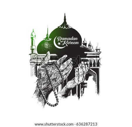 Ramadan Kareem Mosque or Masjid with Praying hands with rosary. vector illustration. Ramadan Kareem Mosque or Masjid with Praying hands with rosary. vector illustration.