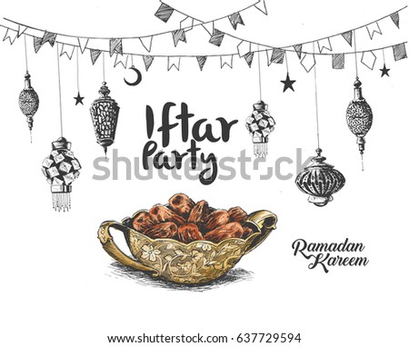 Ramadan Kareem Iftar party celebration, Hand Drawn Sketch Vector illustration. Ramadan Kareem Iftar party celebration, Hand Drawn Sketch Vector illustration.