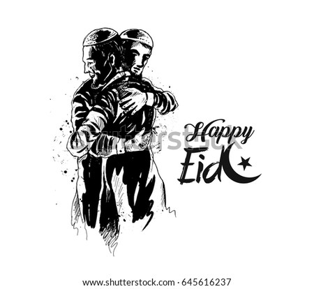 Muslim man hugging and wishing to each other on occasion of Eid celebration, Hand Drawn Sketch Vector illustration. Muslim man hugging and wishing to each other on occasion of Eid celebration, Hand Drawn Sketch Vector illustration.