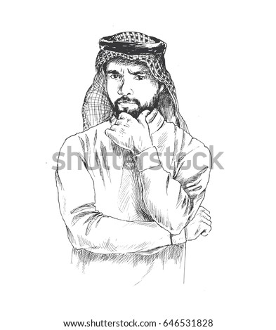 Arab man thinking hand drawn sketch. Vector illustration. Arab man thinking hand drawn sketch. Vector illustration.