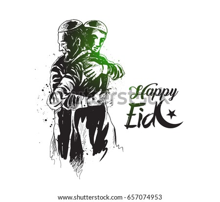 Muslim man hugging and wishing to each other on occasion of Eid celebration, Hand Drawn Sketch Vector illustration. Muslim man hugging and wishing to each other on occasion of Eid celebration, Hand Drawn Sketch Vector illustration.
