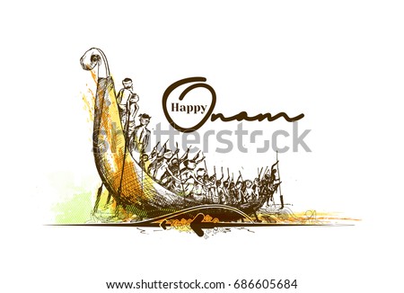 Boat at river on decorative background for South Indian Festival Onam. , Hand Drawn Sketch Vector illustration. Boat at river on decorative background for South Indian Festival Onam. , Hand Drawn Sketch Vector illustration.