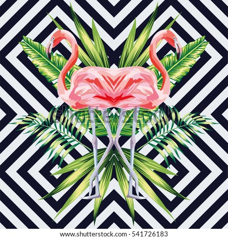 Beautiful bird pink flamingo with tropical banana leaves in mirror image style on geometric background. Vector jungle floral wallpaper Beautiful bird pink flamingo with tropical banana leaves in mirror image style on geometric background. Vector jungle floral wallpaper