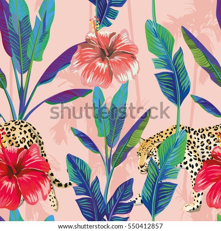 Composition of the tropical green banana leaves, red hibiscus flower, wild animal leopard, pink palm background. Seamless wallpaper pattern Composition of the tropical green banana leaves, red hibiscus flower, wild animal leopard, pink palm background. Seamless wallpaper pattern